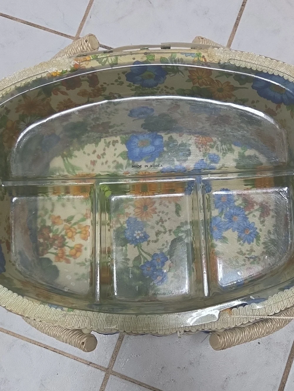 Vintage 1970s Floral Wicker Sewing Basket Double Handle Double Lid Mid Century